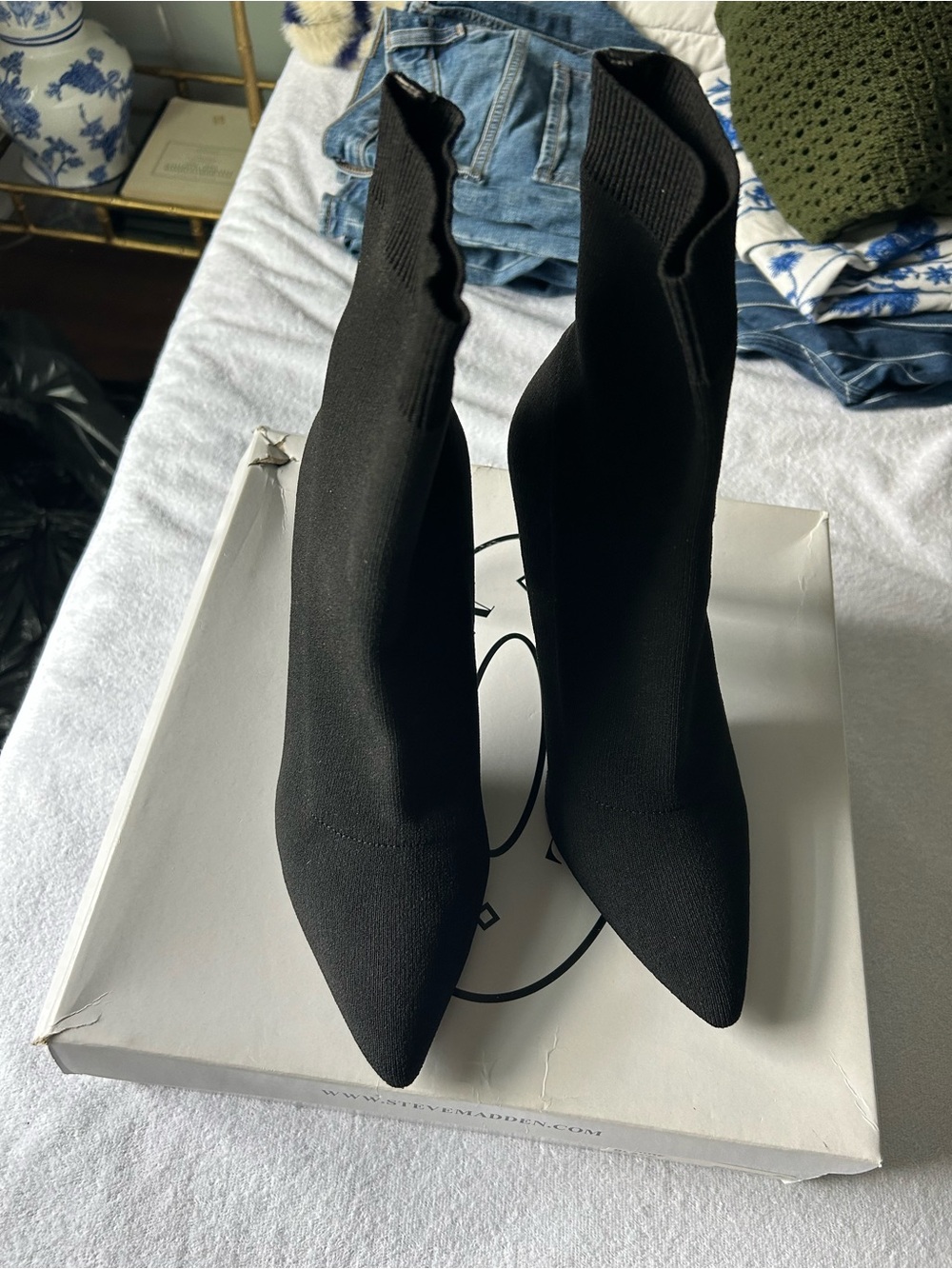 Steve Madden Black Pointed Toe Stretch-Knit Sock Boots